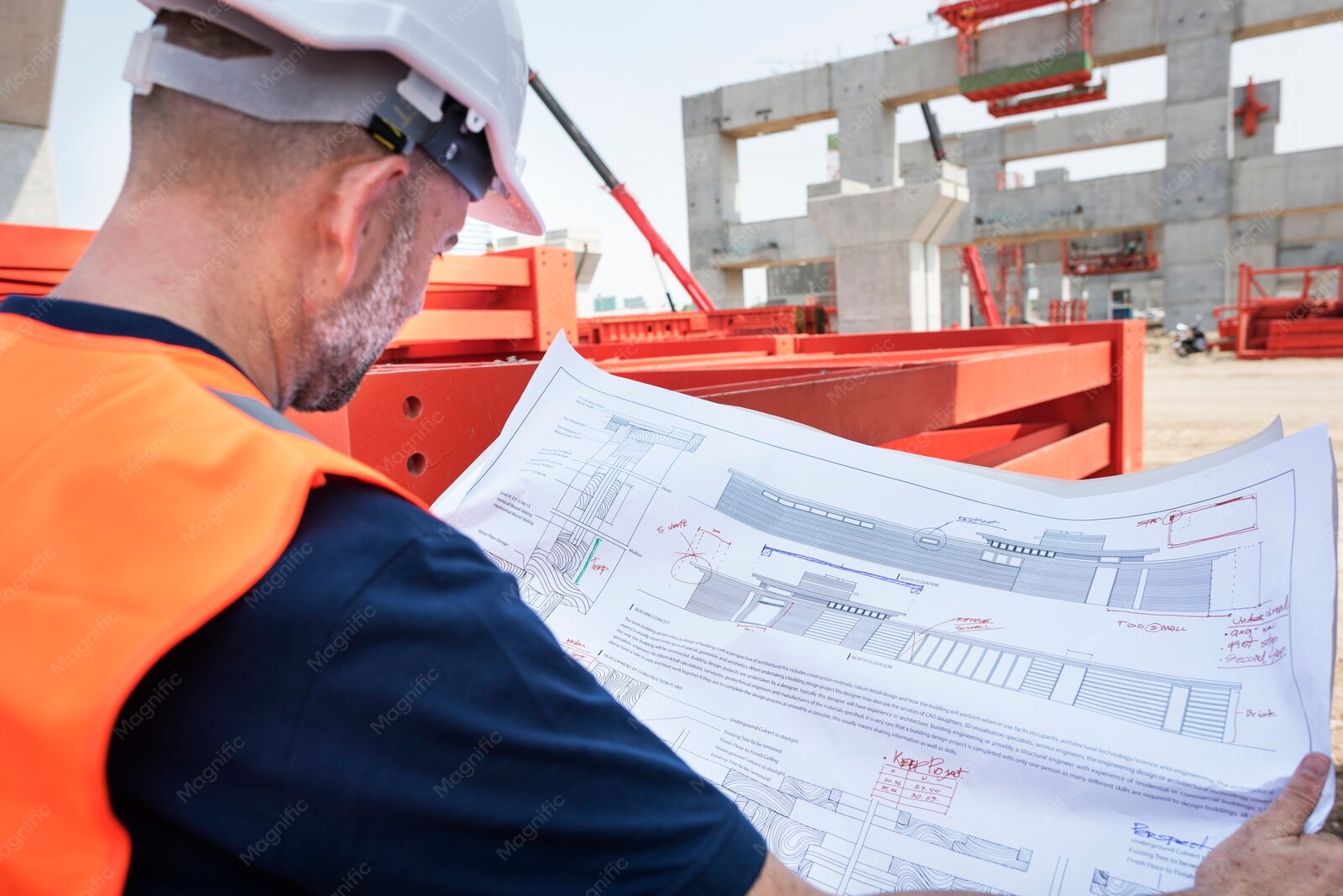 קונסטרוקטור מוסמך בוחן תוכניות שלד באתר בנייה עם קורות ועמודי בטון